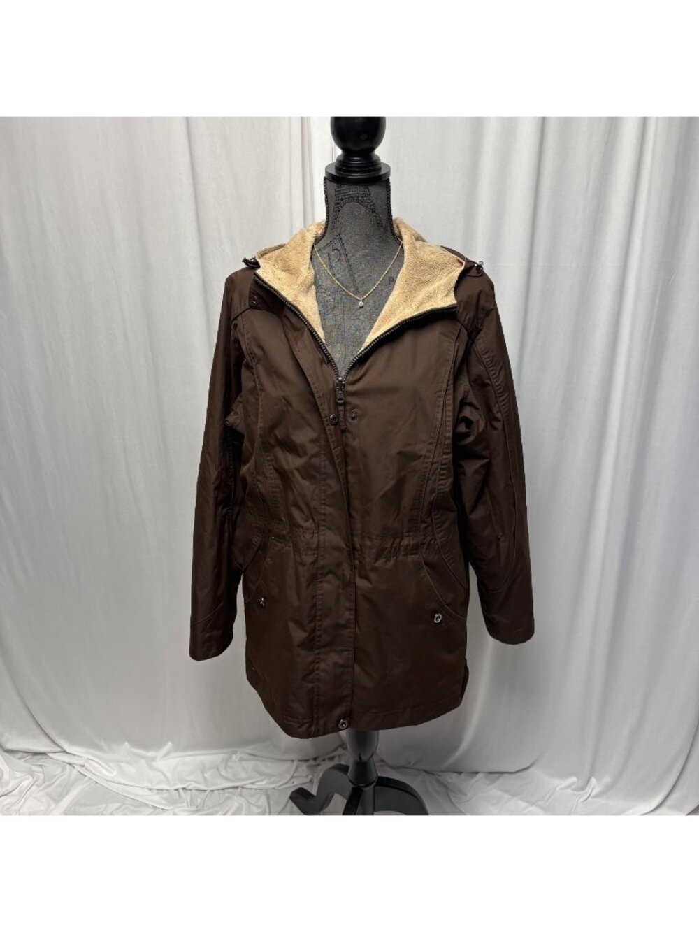 St Johns Bay Reversible Jacket Womens Size Large Brown Tan Faux Fur Hooded Coat